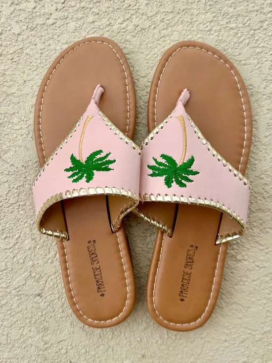 Paradise Shores Leather Embroidered Palm Tree Flip Flops, NWOT, Size 9M - Picture 2 of 5